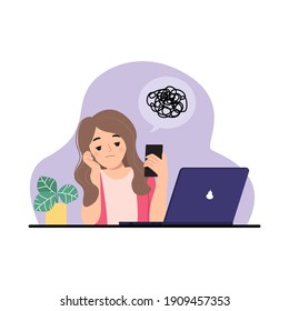 Woman feel bored at work and looking at her smartphone. Low performance concept. Flat vector isolated on white.