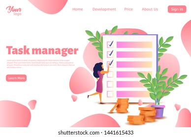 Woman feel in check boxes in to do list. Project task management design concept. Female character points to the checklist on white background. Template for website. Concept of landing web page.