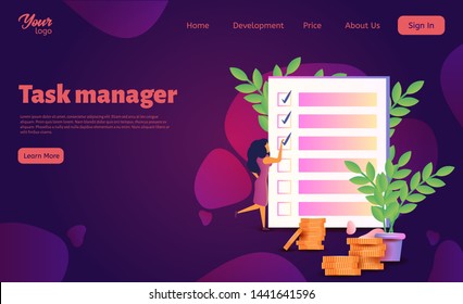 Woman feel in check boxes in to do list. Project task management design concept. Female character points to the checklist. Template for website. Concept of landing web page.