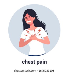 Frauen empfinden Brustschmerzen. Herzinfarkt oder Symptome einer Herzerkrankung. Vorstellung von Gesundheitsgefahr und Krankheit. 2019-nCoV-Symptom Virusprävention und -schutz. Coronovirus-Alarm. Einzige flache Abbildung