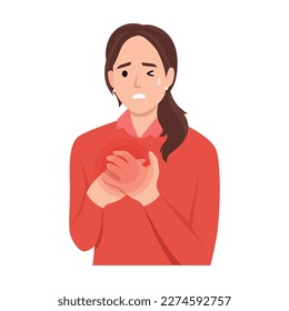 Woman feel chest pain. Heart attack or symptoms of heart disease. Idea of health danger and sickness. 2019 nCoV symptom. Virus prevention and protection. Coronovirus alert. 