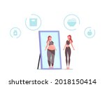 Woman Feel Guilty and Hate Appearance in Mirror Look herself Fat. Anorexia or Bulimia Concept. Female Characters with Mental Disorder Refuse Eating, Loss Weight. Cartoon People Vector Illustration