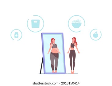 Woman Feel Guilty and Hate Appearance in Mirror Look herself Fat. Anorexia or Bulimia Concept. Female Characters with Mental Disorder Refuse Eating, Loss Weight. Cartoon People Vector Illustration