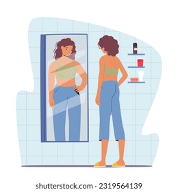 Woman Feel Guilty and Hate Appearance in Mirror Look herself Fat. Anorexia or Bulimia Concept. Female Characters with Mental Disorder Refuse Eating, Loss Weight. Cartoon People Vector Illustration