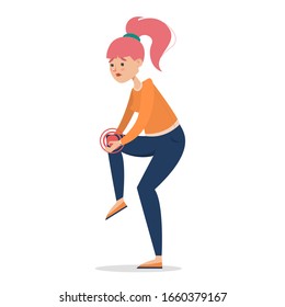 Woman feel knee pain vector isolated. Painful joint, girl with sad facial expression. Character holding knee.