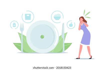 Woman Feel Nausea while Watching on Food. Anorexia or Bulimia Unhealthy Life Concept. Female Character with Mental Disorder Refuse Eating, Loss Weight, Feel Guilty. Cartoon People Vector Illustration