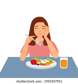 Woman feel not hungry concept vector illustration on white background. Female unable to eat.
