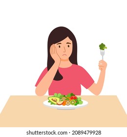 Woman feel not hungry concept vector illustration on white background. Female unable to eat.