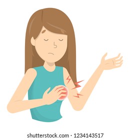 Woman feel pain in her breast when touch. Symptom of disease. Trouble with health. Isolated flat vector illustration