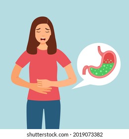 Woman Feel Pain In Stomach Concept Vector Illustration. Stomach Acid Reflux And Digestive System Problem.