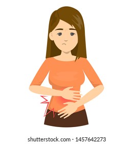 Woman feel pain in the stomach. Diarrhea or constipation. Abdomen disease and illness. Isolated vector illustration in cartoon style