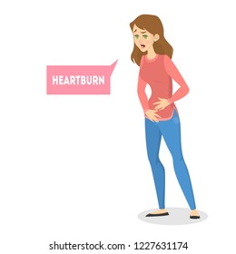 Woman feel pain in stomach. Heartburn symptom of disease. Idea of sick body and healthcare. Isolated vector illustration in cartoon style