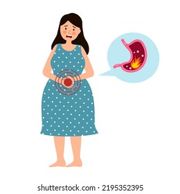 Woman feel pain in stomach vector illustration. Stomach acid reflux disease and digestive system problem. Heartburn concept.