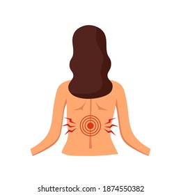 Woman feel painful in back in flat design. Back pain concept vector illustration on white background. Muscle or bone problem.