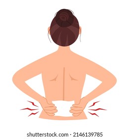 Woman feel painful in back in flat design. Low back pain concept vector illustration on white background. Muscle or bone problem.