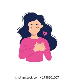 Las mujeres se sienten tristes por el corazón roto y solas. Diseño de dibujos animados de vector plano