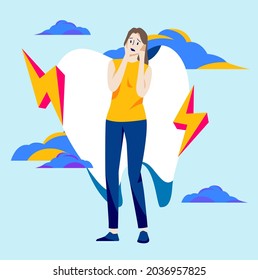 Woman feel severe pain in the teeth from caries. Dental concept. Toothache from caries. Hand draw style. Vector illustration.