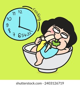 A Woman Feel Sleepy After Eating Lots Of Nutrient Dense Food The Help You Sleep Concept Card Character illustration