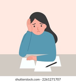 Woman feel stress in office. Headache while working with documents. Work load deadline. Stress at work.