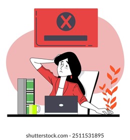 Woman feel stress in office. Headache while working with computer and documents. Work load deadline. Stress at work.