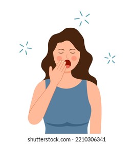 Woman feel tire and yawning in flat design on white background. Sleepy female want to sleep.