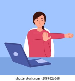 Woman feel tired and stretching arm for relaxation at work. Office syndrome symptom. Muscle or bone health problem.