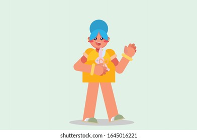 A woman feeling adorable by a cute bunny. Simple Easter vector illustration, this illustration can use as a sticker also. 
