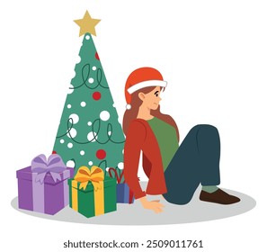 woman feeling alone at Christmas, young woman is sitting on the floor next to a Christmas tree with gifts. vector illustration.