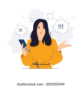 Frau, die sich wütend über die Gehirnexplosion gestresst, schockiert, überrascht Gesicht, wütend und frustriert. Furcht und Verärgerung bei der Illustration von Fehlerkonzepten