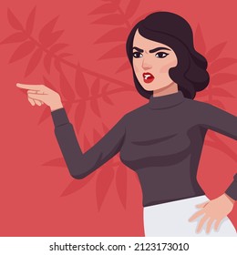 Woman feeling bad, intense anger, blame talk fury lady portrait. Smart emotional modern female social media profile picture. Vector flat style creative illustration, red plant background