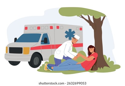Mujer sintiéndose mal mientras camina en el parque, paramédico ayudando al paciente proporcionando primeros auxilios en la escena de dibujos animados. Llamada de emergencia en ambulancia, servicio médico profesional y Ilustración vectorial de asistencia al 911