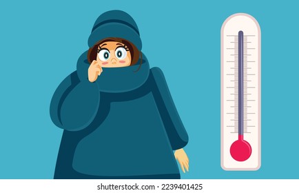 
Woman Feeling Cold Next to a Freezing Thermometer Vector Cartoon. Unhappy girl disliking bad freezing season wearing warm clothing 
