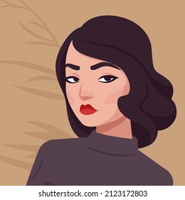 Woman feeling confident, self power, beautiful lady portrait. Smart flirt modern female social media profile picture. Vector flat style creative illustration, beige plant background