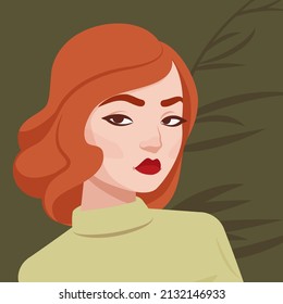 Woman feeling confident, self power, beautiful ginger lady portrait. Smart red haired flirt modern female social media profile picture. Vector flat style creative illustration, green plant background