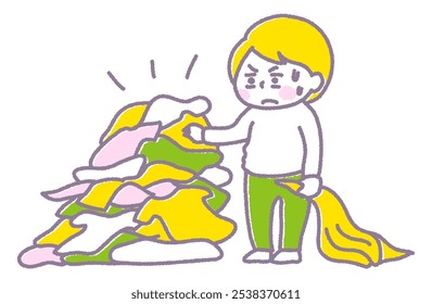 A woman is feeling de-motivated in front of a pile of clothes that need to be washed (pastel)