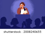 Woman feeling fear and anxiety before stage speech. Nervous shy speaker with fright of audience. Lecturer sweating at public speaking. Glossophobia concept. Flat vector illustration of anxious person