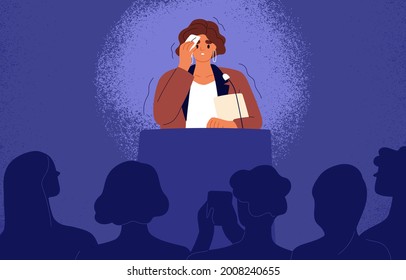 Woman feeling fear and anxiety before stage speech. Nervous shy speaker with fright of audience. Lecturer sweating at public speaking. Glossophobia concept. Flat vector illustration of anxious person