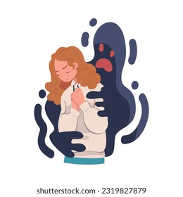 Woman Feeling Fear and Anxiety Grasped by Dark Inner Monster Vector Illustration