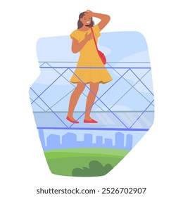 Woman Feeling Fear While Walking On A Glass Bridge Overlooking A Cityscape. Vector Image Represents Height Phobia, Anxiety, And Paranoia, Captures The Emotion Of Panic And Uncertainty In A High Place