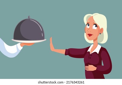 
Woman Feeling Full Refusing Another Meal Course Vector Cartoon Illustration. Fasting woman not having the appetite for food 
