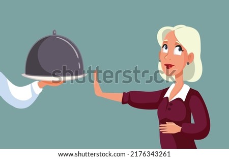 
Woman Feeling Full Refusing Another Meal Course Vector Cartoon Illustration. Fasting woman not having the appetite for food 
