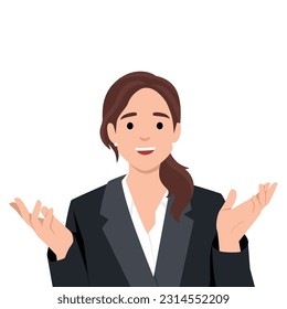 Woman feeling happiness concept. Young smiling woman cartoon character standing with hands stretched out, showing positive attitude and smiling. Flat vector illustration isolated on white background