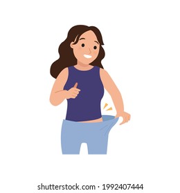 Woman feeling happy because of successful diet. Loose pant as a result of weight loss. Flat vector design