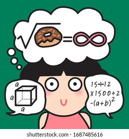 Woman Feeling Happy With Her Own Donut And Infinite Sign Mathematic Formula Thought Among Other Math Talk Speeches Bubbles Concept Card Character illustration