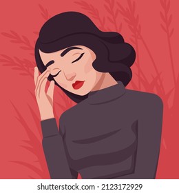 Woman feeling headache, pain, beautiful sad lady portrait. Smart modern female social media profile picture. Vector flat style creative illustration, red plant background