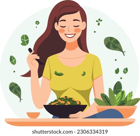 The woman is feeling healthy and energized after eating her salad