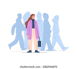 Woman feeling lonely in crowd, flat cartoon vector illustration isolated on white background. Loneliness and problem of social communication in contemporary life.