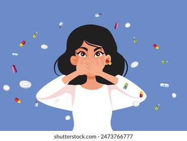 
Woman Feeling Nauseated Surrounded by Many Pills Vector Cartoon. Unhappy girl feeling dizzy and uncomfortable 
