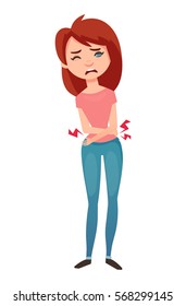 Woman feeling pain in stomach flat illustration. Isolated female person on white background.