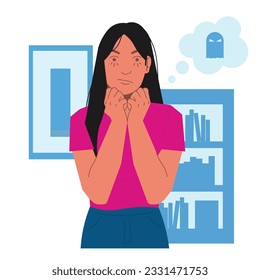 woman feeling scared ghost in flat illustration 